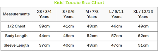 AWDis Kids Zoodie Size Chart - JH050J