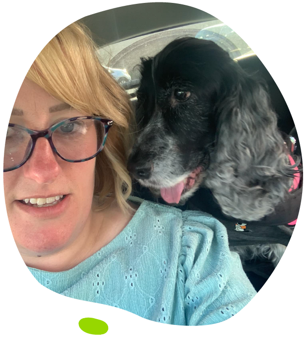 Clare's Mito Mission - Clare with dog Lucy blobbed