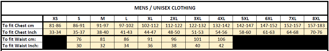 Mens & Unisex black polo shirt size chart