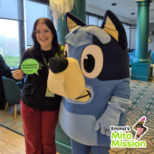 Beth & Bluey, Emma's Mito Mission, Brighouse with speech bubble